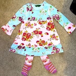 OILILY BLUE AND FLORAL DRESS AND MATCHING TIGHTS